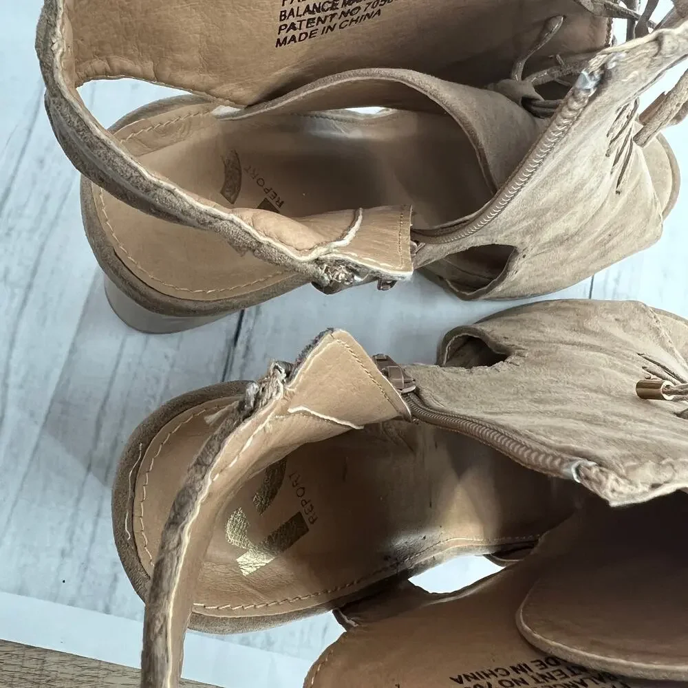 Report (11) BRAID Brown Faux Suede Leather Lace Up Heel Booties - Picture 6 of 9